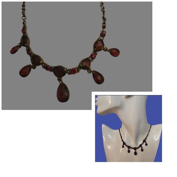 VTG MONET Garnet Crystal Bronze Chain Goth Colonial Castlecore Necklace - Picture 1 of 9